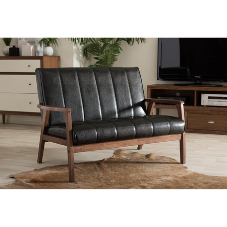 Baxton Studio Nikko Mid-century Black Faux Leather Wooden 2-Seater Loveseat 121-6746